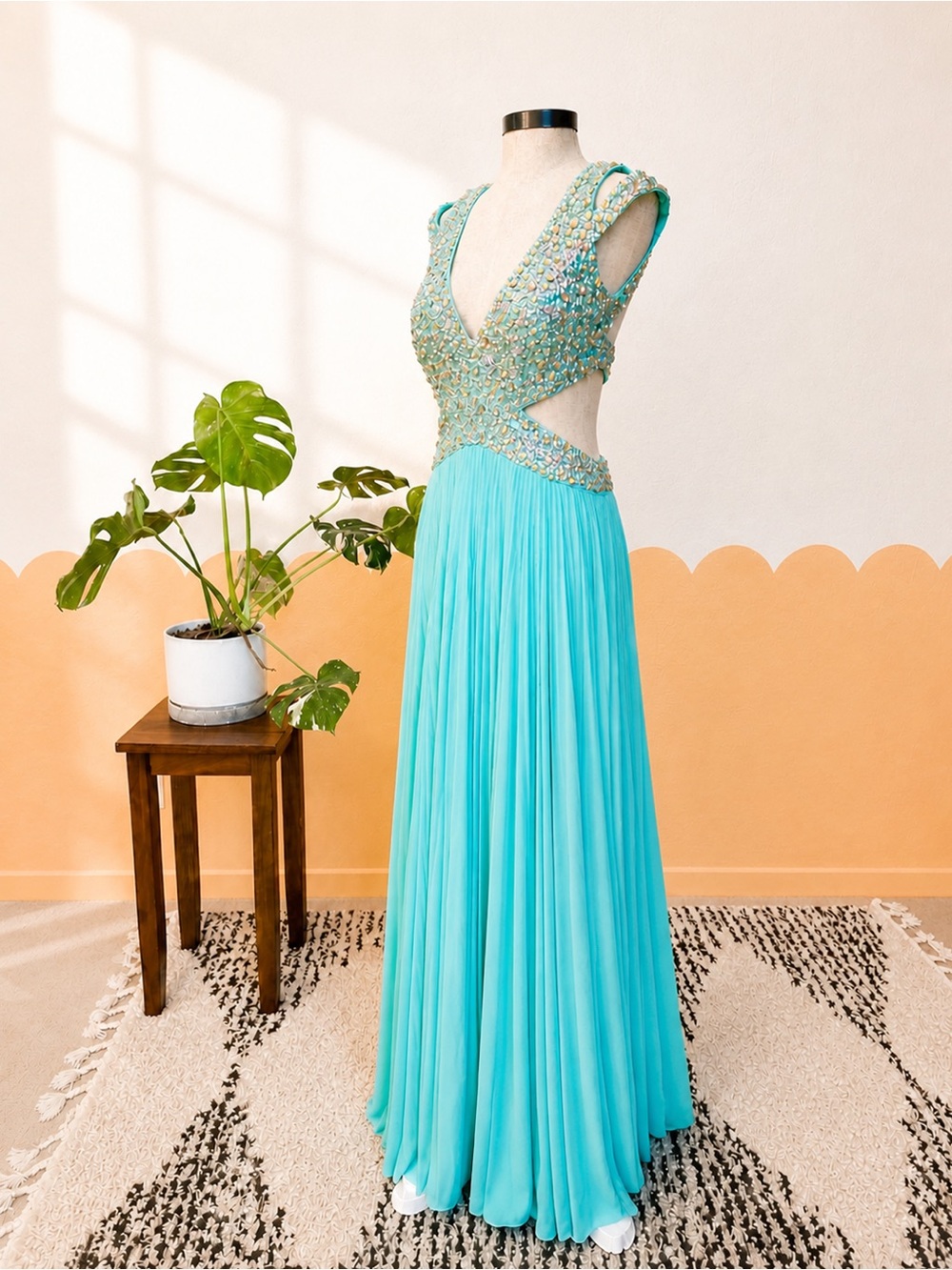 Betsy & Adam Aqua Beaded V-Neck Prom Gown
